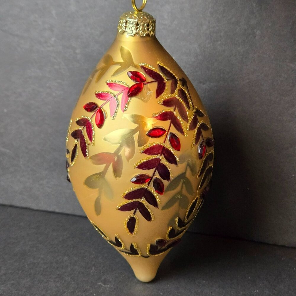Frontgate Gold Red Jeweled Teardrop Ornament Handpainted Glitter Leaf Scroll 6"